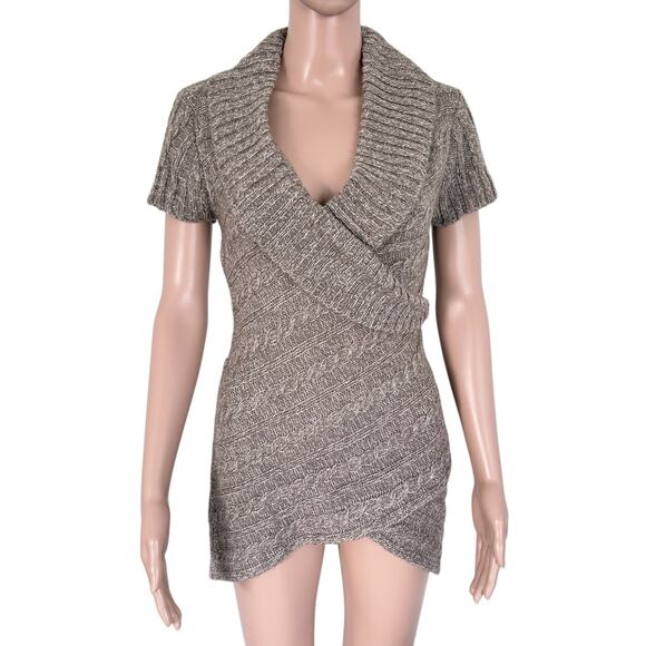 Y2K Knit Sweater Dress Short Sleeve Cowl Neck Mini Tunic S Cozy Cottage Winter - Picture 2 of 8